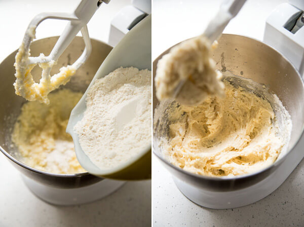 Adding flour to make blueberry muffin batter