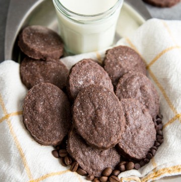 Chocolate Espresso Shortbread Cookies on a serving tray next to a glass of milk