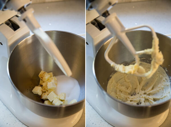 Creaming butter and sugar in a stand mixer bowl to make shortbread dough