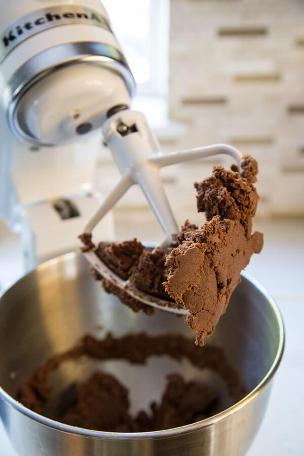 Chocolate Espresso Shortbread Cookie dough stuck to a beater