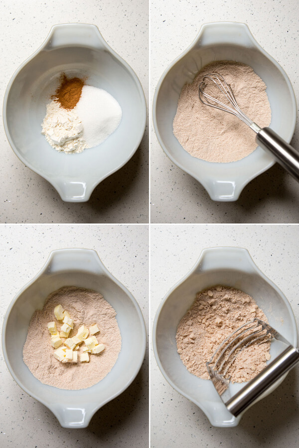 A collage of 4 photos showing the process of making cinnamon streusel