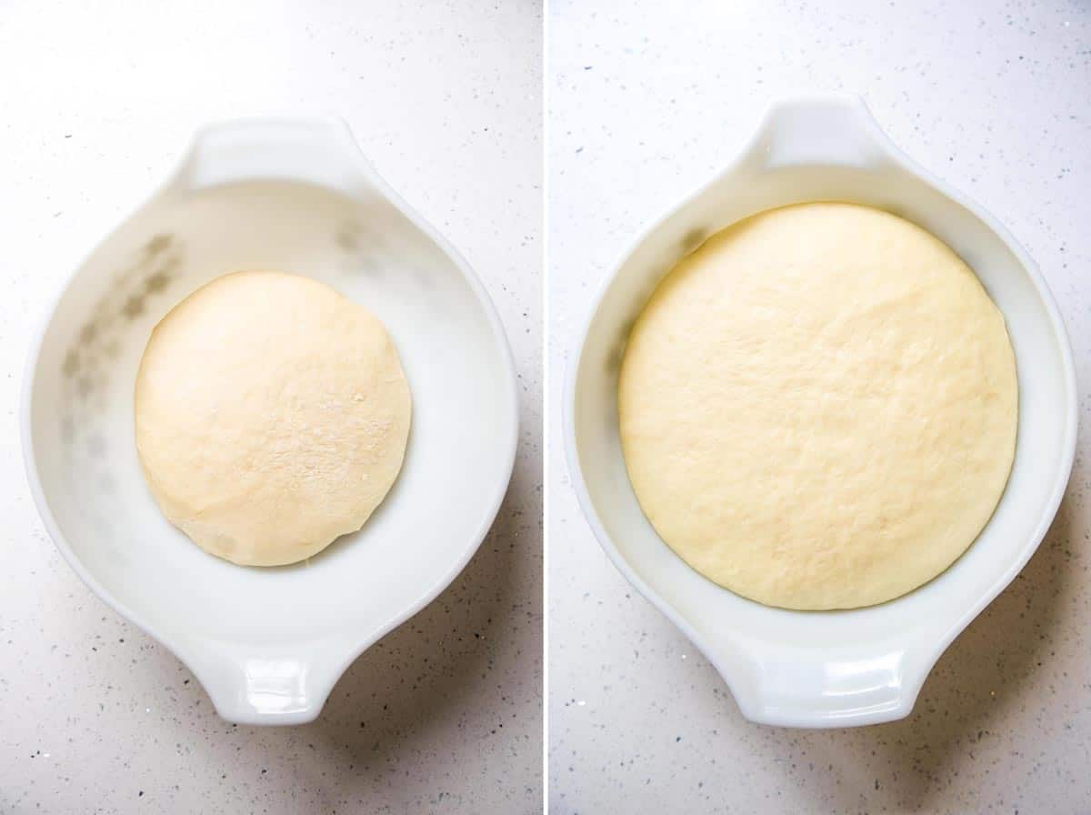Brioche dough is placed into a medium bowl and allowed to rise.