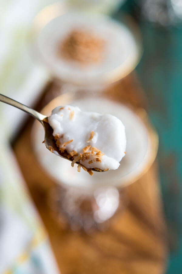 Haupia coconut pudding on a spoon