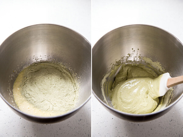 Folding matcha & flour into the egg mixture