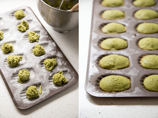 Dividing matcha madeleine batter into the madeleine pan for baking