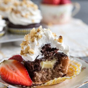 The inside of a banana split cupcake