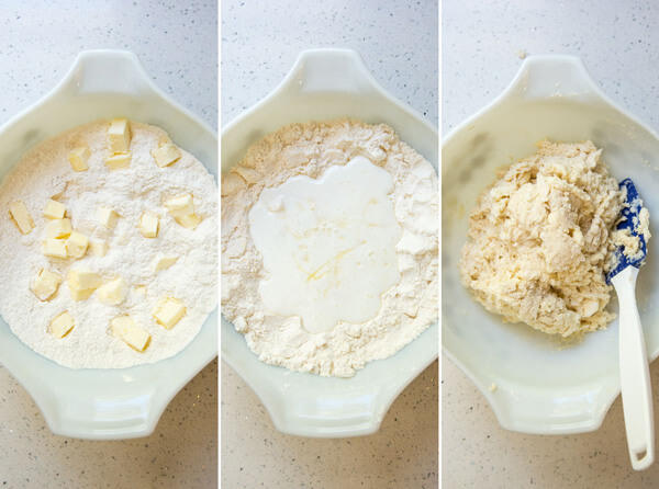 A collage showing the process of making honey buttermilk biscuit dough