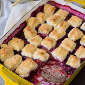 Mixed berry cobbler in a yellow baking pan