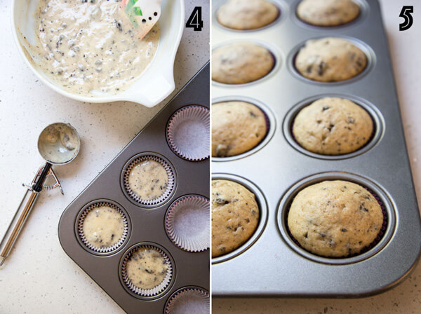 A collage of two photos showing the oreo cupcake batter being divided using an ice cream scoop and baked