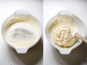 Collage: 2 photos of dry ingredients being mixed with wet ingredients.