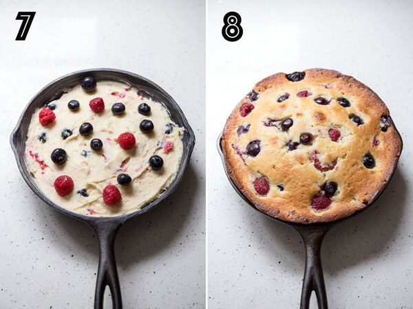 A collage of 2 photos showing the cake before and after baking in a cast iron pan