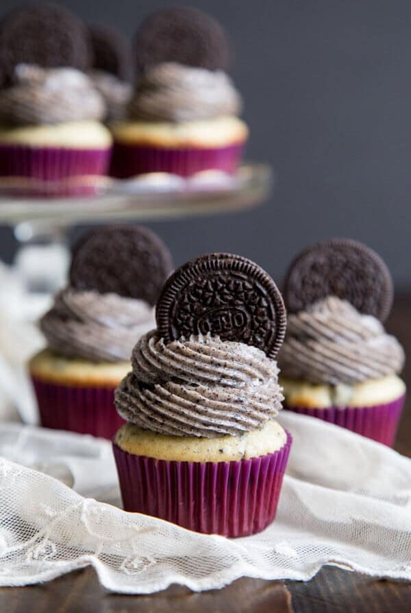Cookies and cream cupcakes in purple cupcake paper