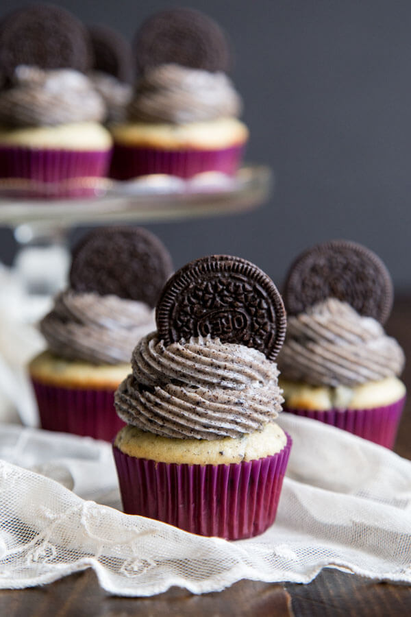 Cookies and cream cupcakes in purple cupcake paper