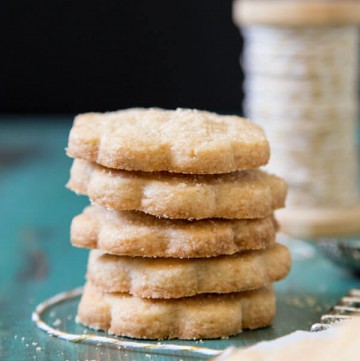 A stack of caramelized sugar shortbread cookies