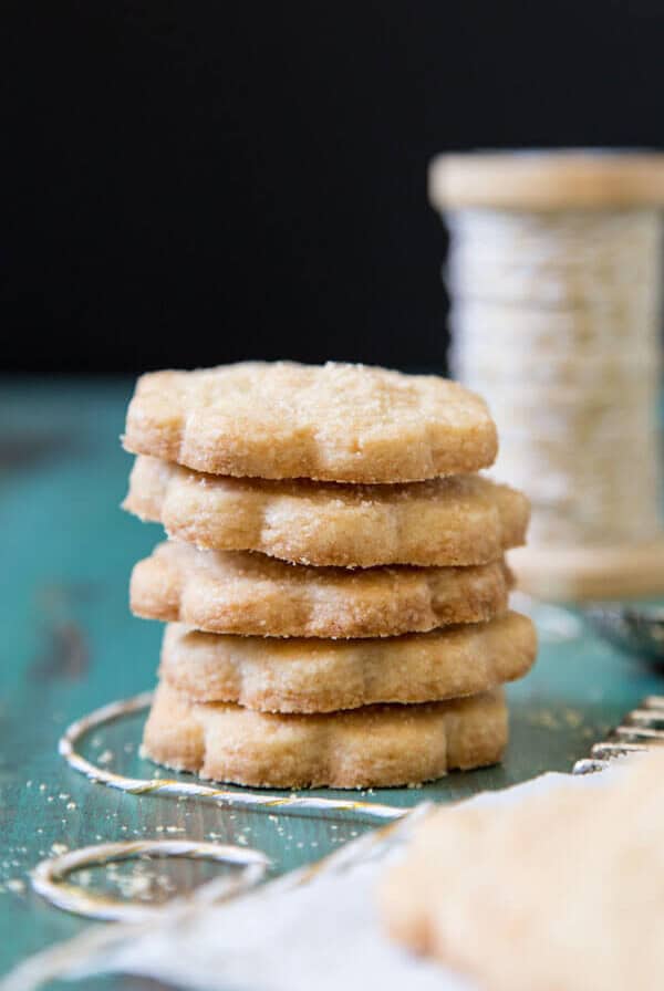 A stack of caramelized sugar shortbread cookies
