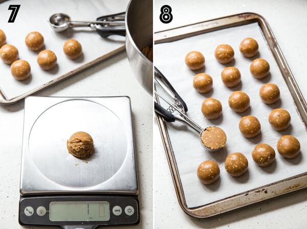 A collage of 2 photos showing how to form peanut butter cookie dough balls for baking