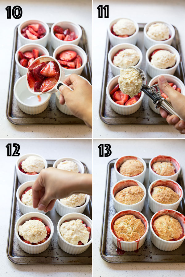 A collage of 6 photos showing how to assemble the strawberry shortcake cobbler for baking