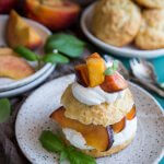 Fresh peach shortcake on a plate with basil leaves