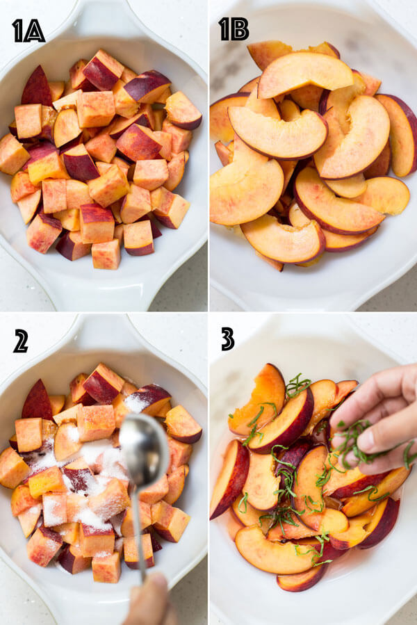 A collage of 4 photos showing how to prepare fresh peaches for peach shortcake recipe