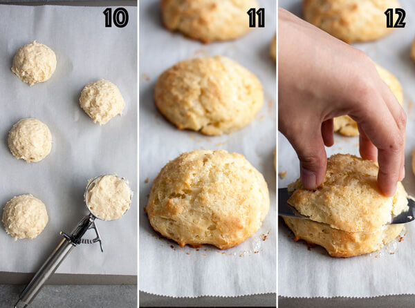 A collage of 3 photos showing how to prepare the shortcake dough for baking and slicing them up to assemble shortcakes