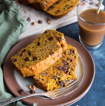 Chocolate chip pumpkin bread slices on a plate