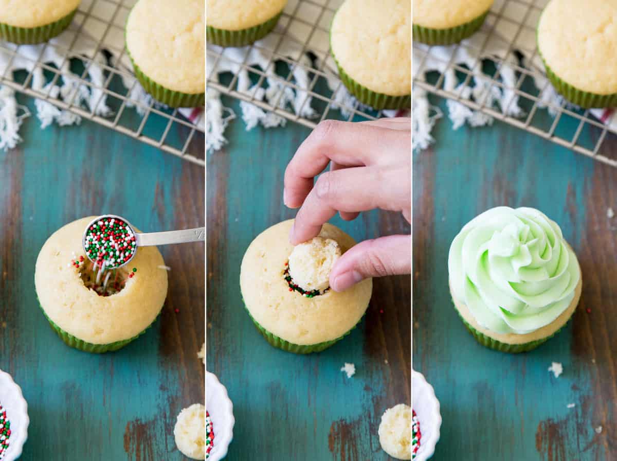 Adding sprinkles and mint buttercream to piñata cupcakes.