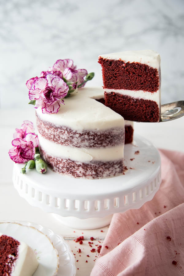 Red velvet cake on a cake stand