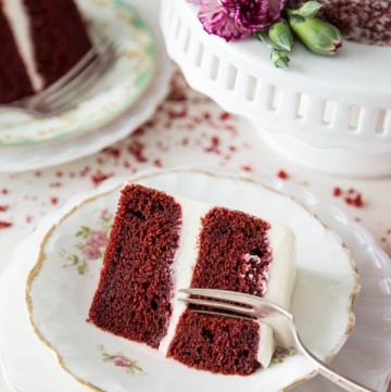 A slice of red velvet cake on a plate