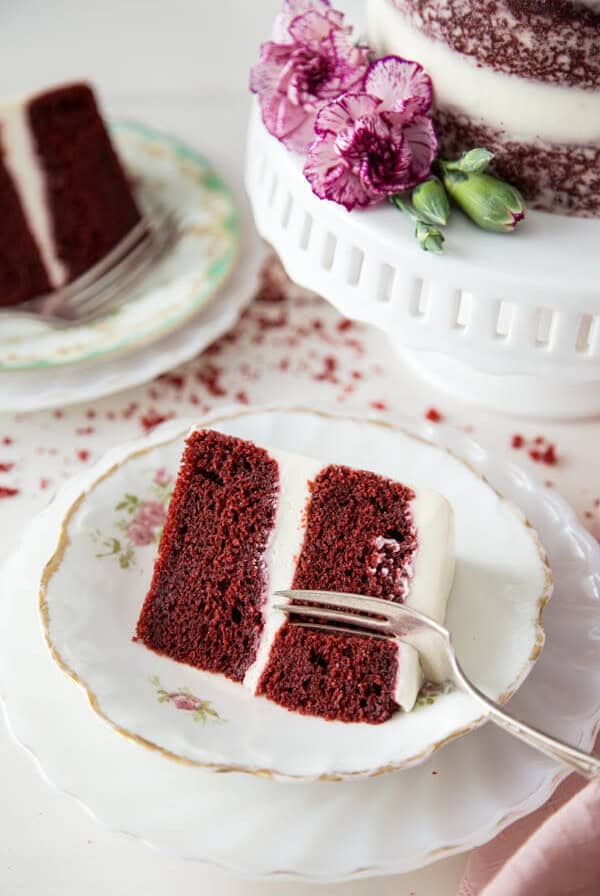 A slice of red velvet cake on a plate