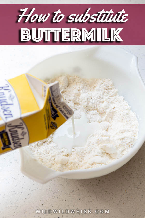 Pouring buttermilk into a flour mixture in a mixing bowl