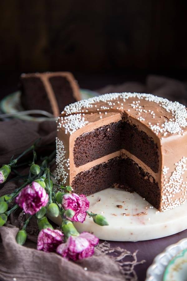 The interior of a two-layer chocolate cake