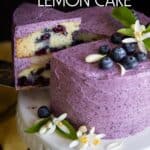 Lemon blueberry cake on a cake stand, with a slice being served.