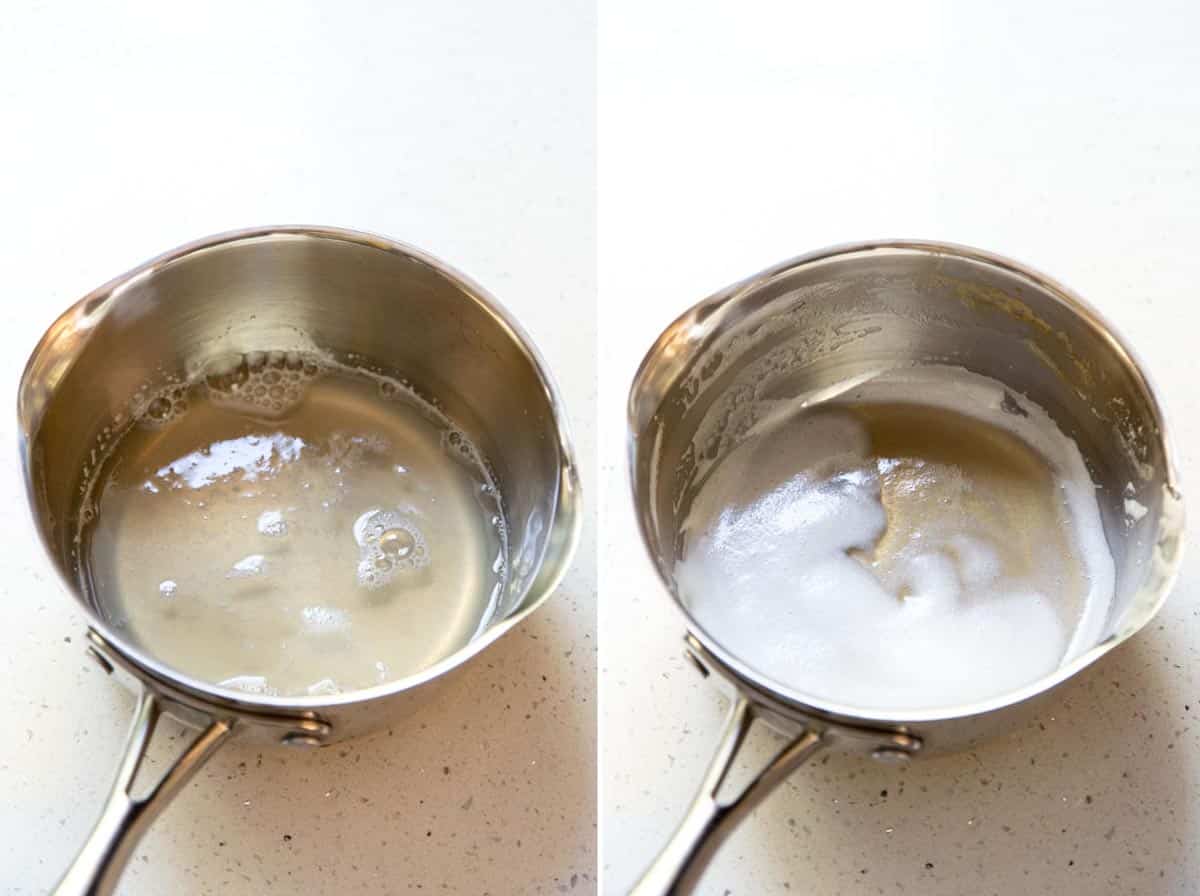 Reducing banana liquid in a saucepan.