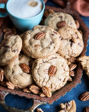 Chocolate chip pecan cookies on a serving tray