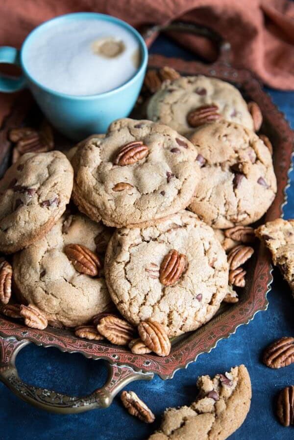 Chocolate chip pecan cookies on a serving tray