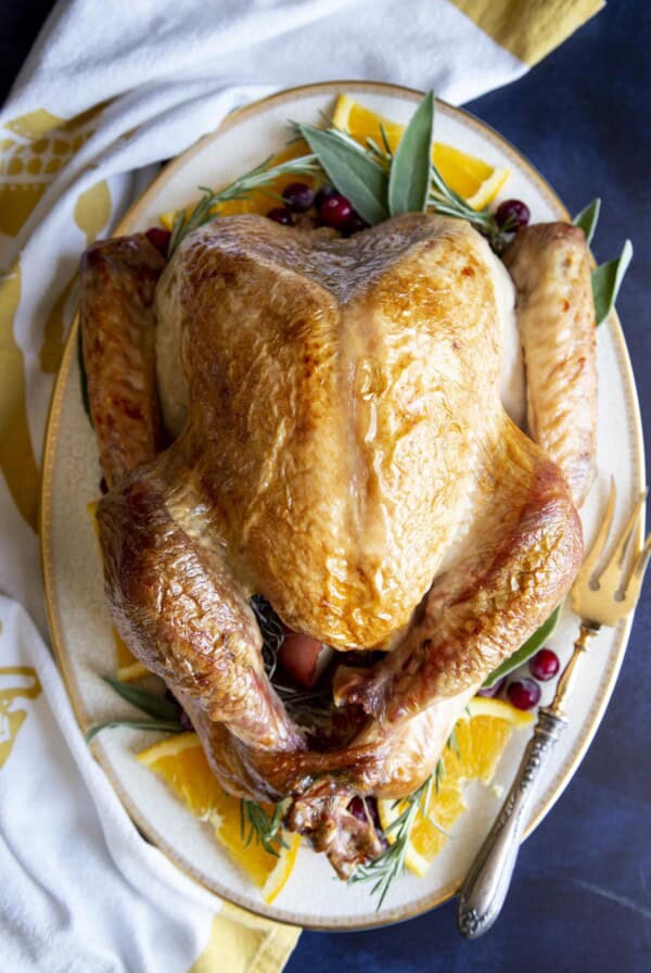 A roast turkey on a serving platter