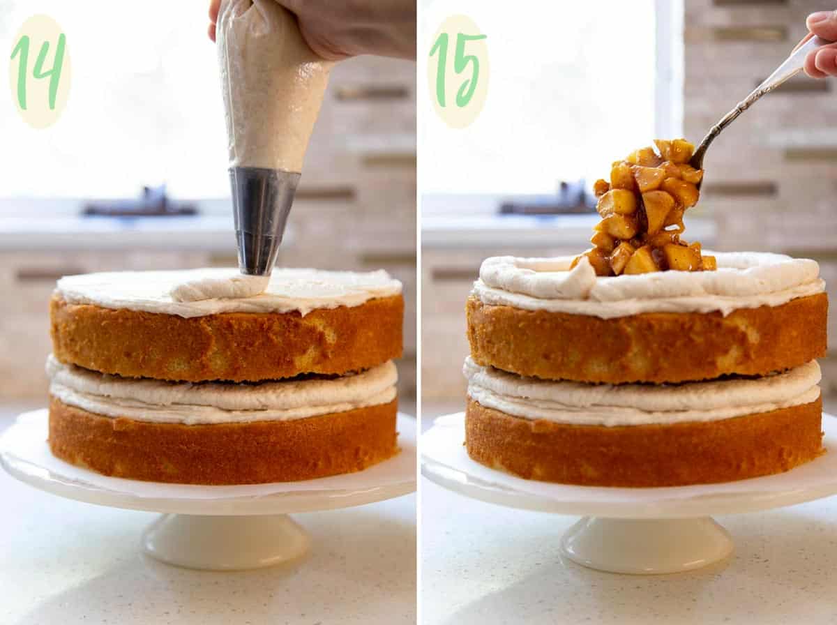 Collage of 2 photos showing the process of assembling the cake