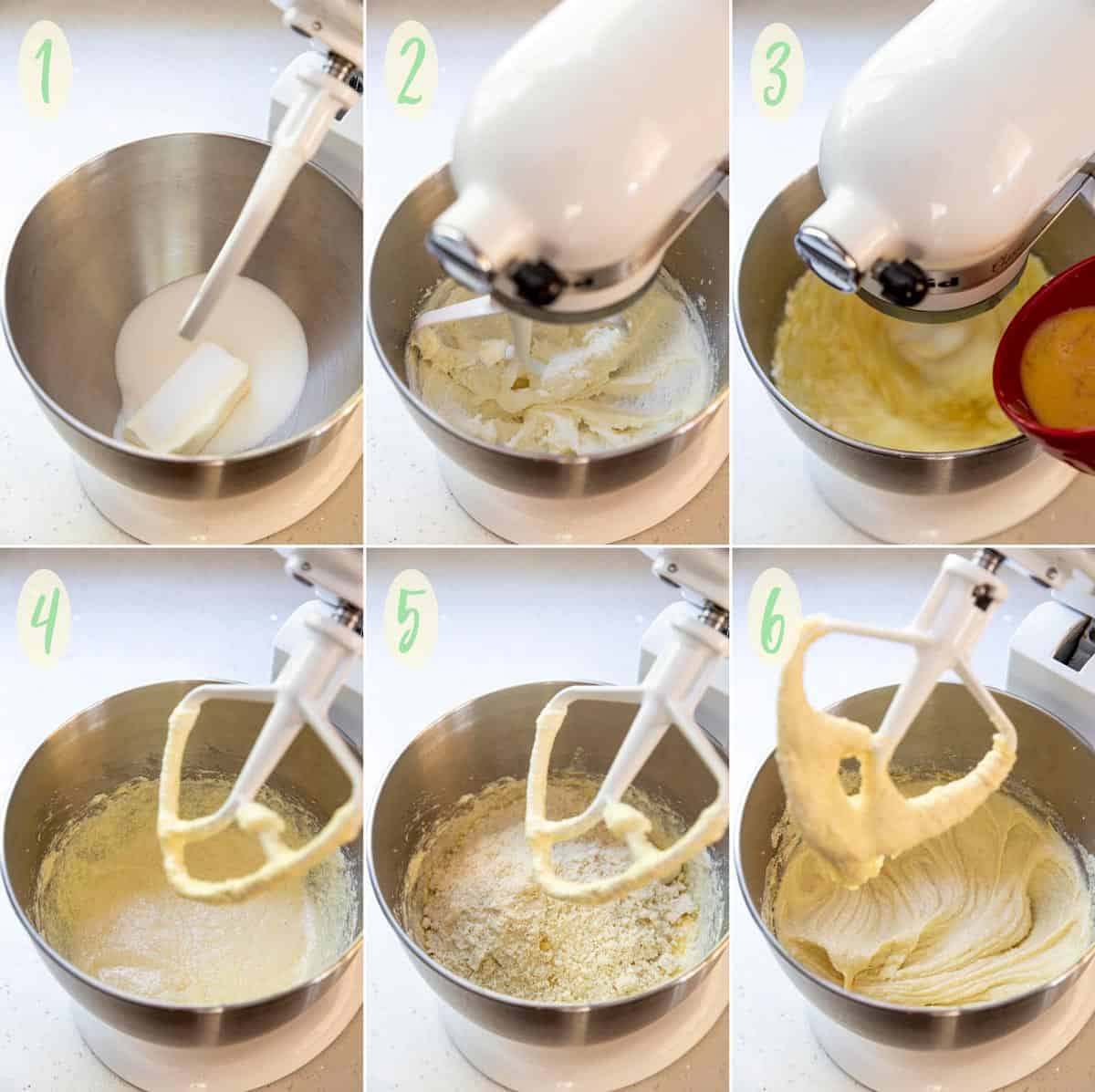 Collage of 6 image showing the process of making the almond cake batter in a stand mixer