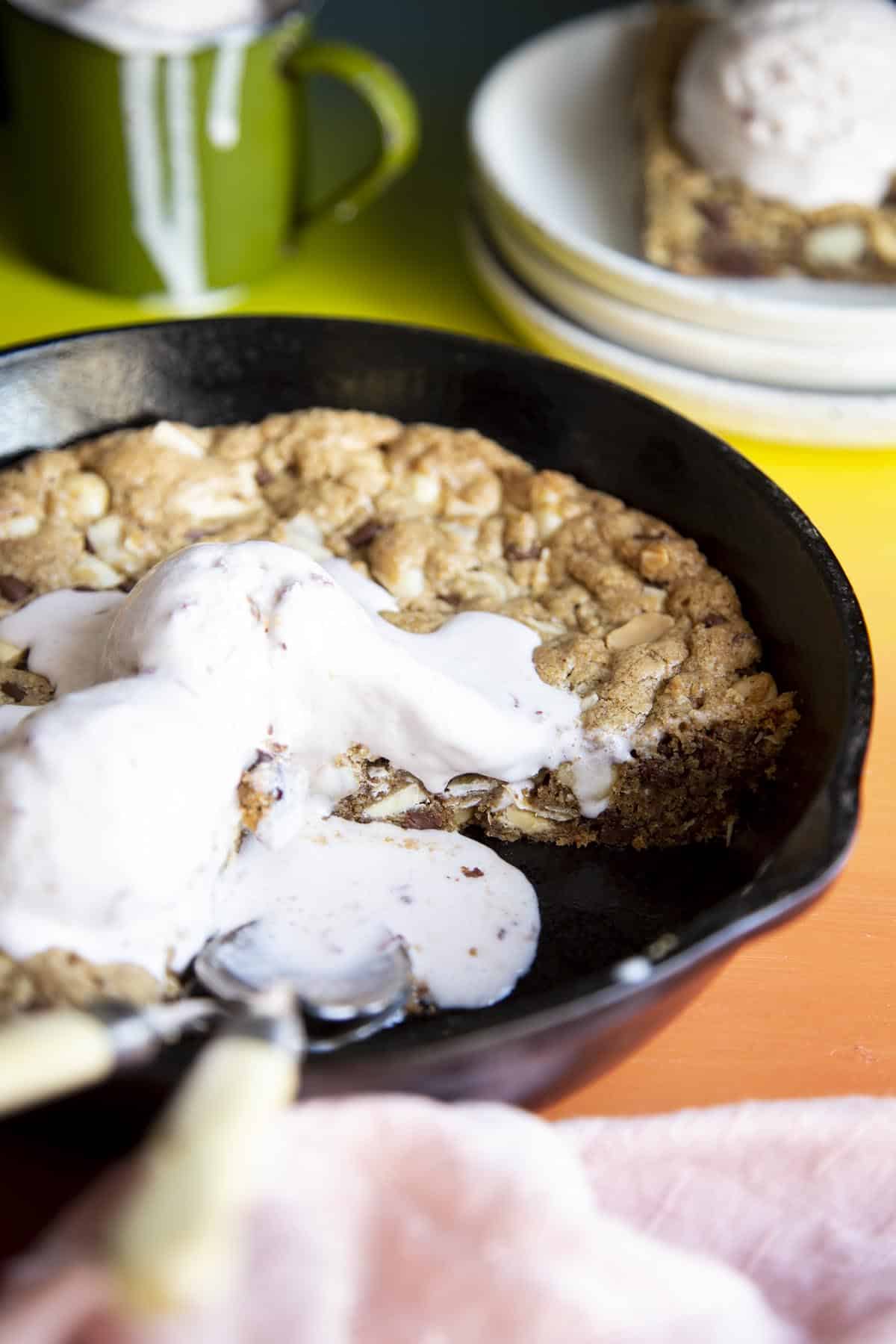 Pizookie Close up shot of a pizookie in a skillet
