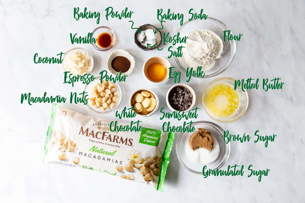 Pizookie Ingredients for pizookie recipe on a white marble board