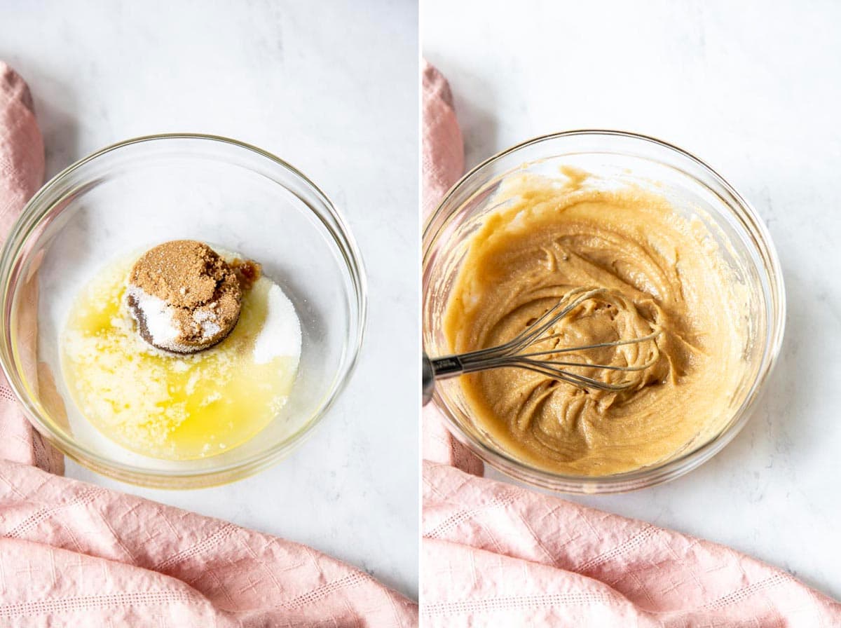 Collage of 2 photos showing sugar and melted butter mixed together.