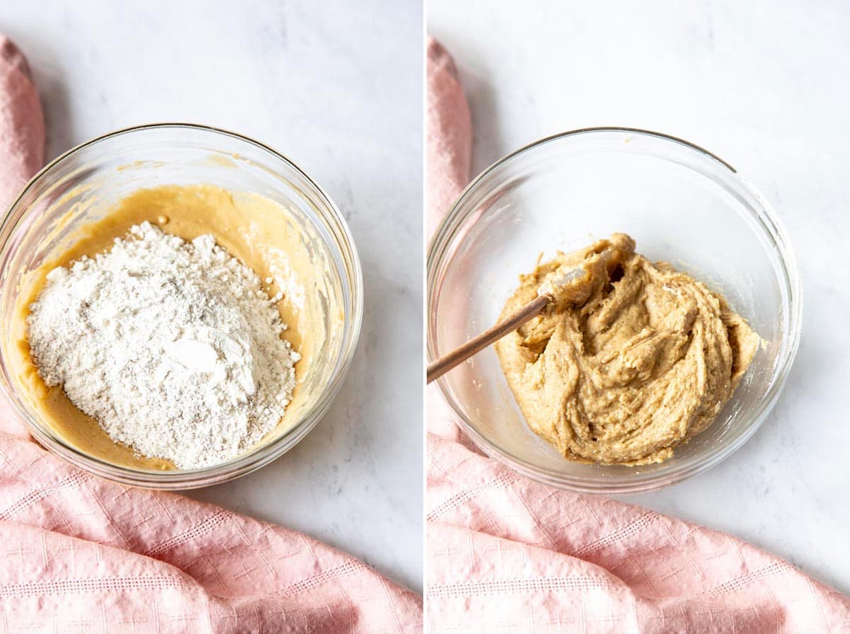 Collage of 2 photos showing flour mixture is added and cookie dough is formed.