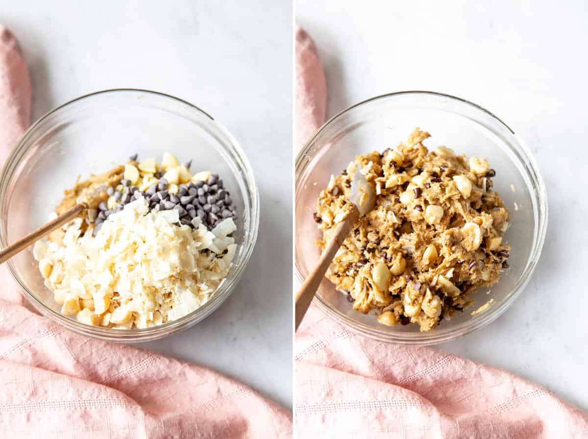 Collage of 2 photos showing chocolate chips, coconut and macadamia nuts are added to the cookie dough.