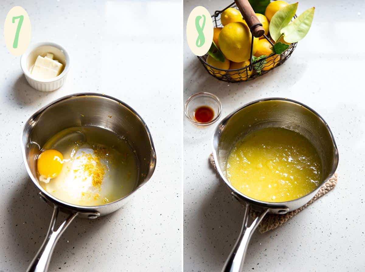 Collage of 2 photos showing step 7 through 8, making lemon curd