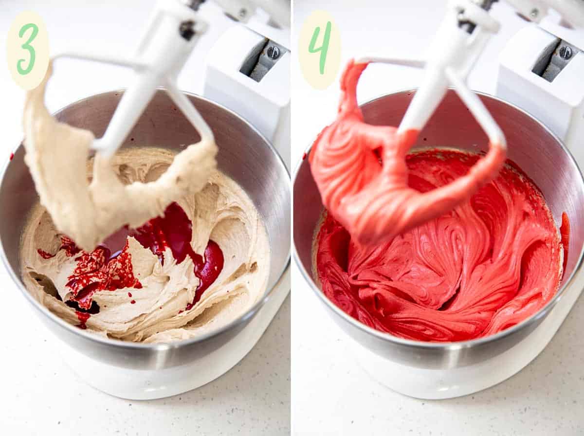 2 photos showing wet ingredients is being mixed with red food color