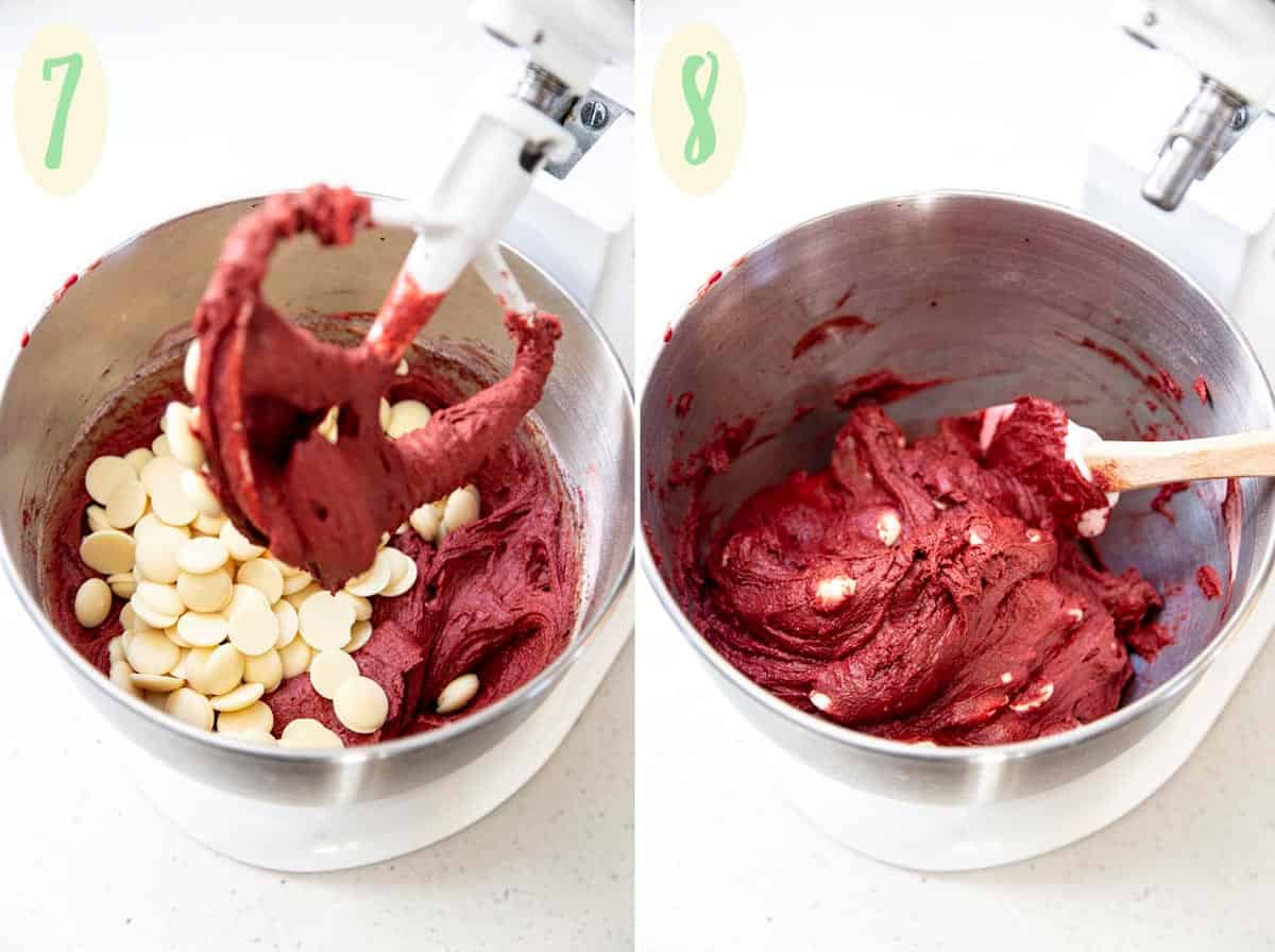2 photos showing white chocolate is mixed into the cookie dough