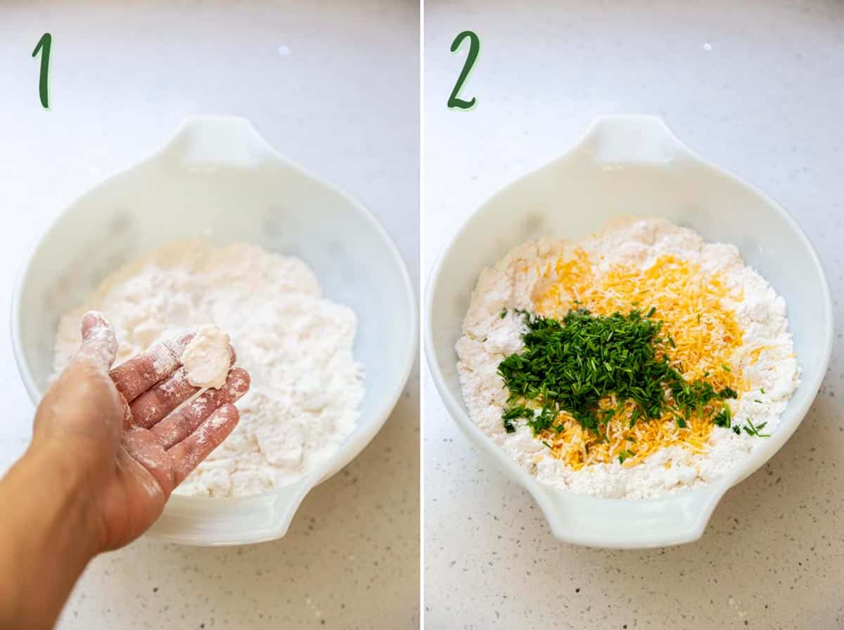 Flaky and Fluffy Cheese Biscuits with Chives Collage of 2 photos: pressing butter into the dry ingredients, adding chives and cheese.