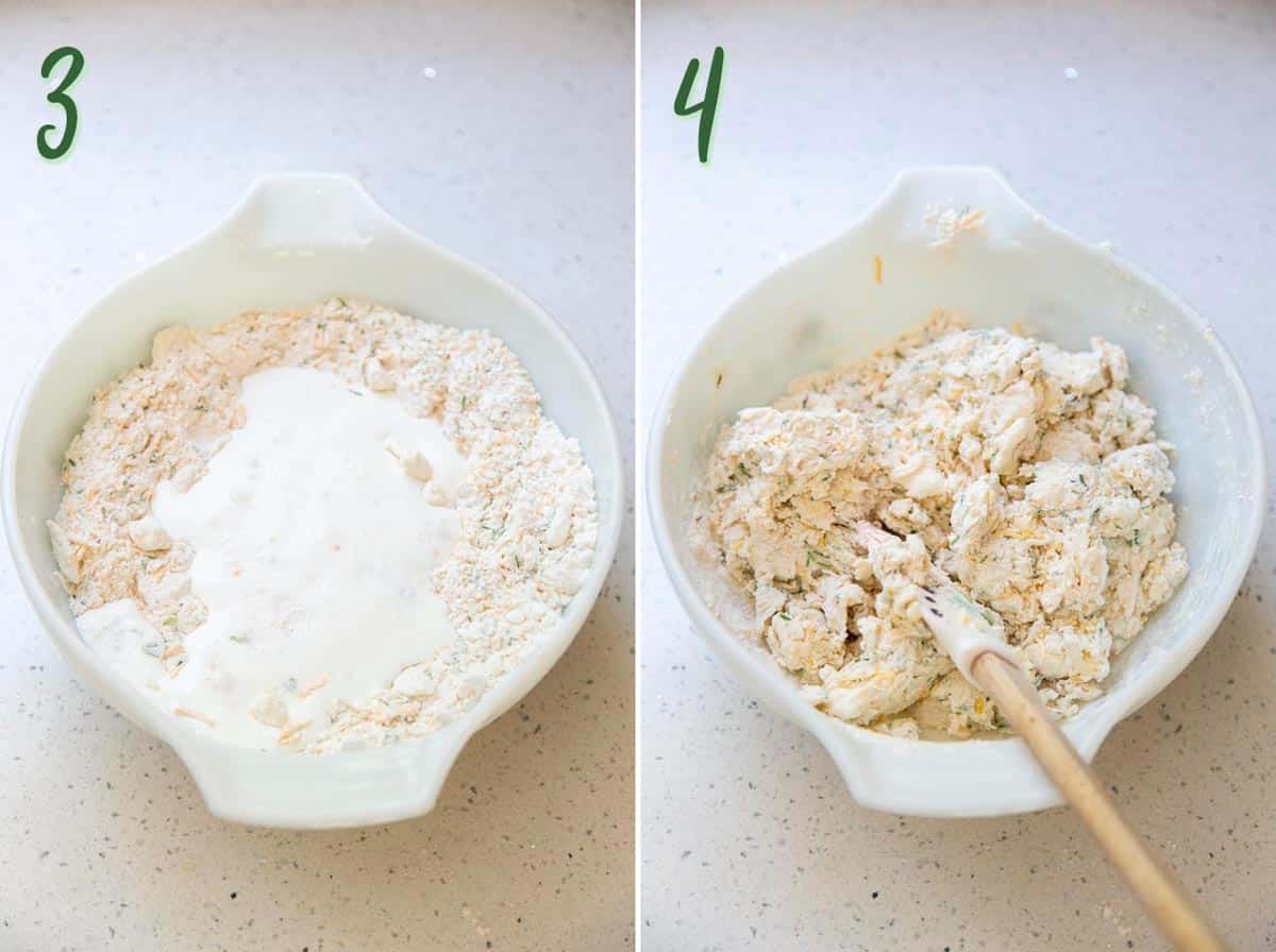 Flaky and Fluffy Cheese Biscuits with Chives Collage of 2 photos: adding liquid to the dry ingredients, mixing the biscuit dough.