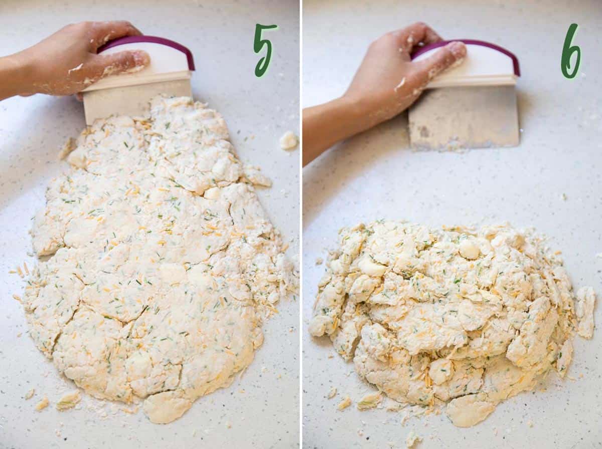 Flaky and Fluffy Cheese Biscuits with Chives Collage of 2 photos showing how to fold the dough over using a bench scraper.