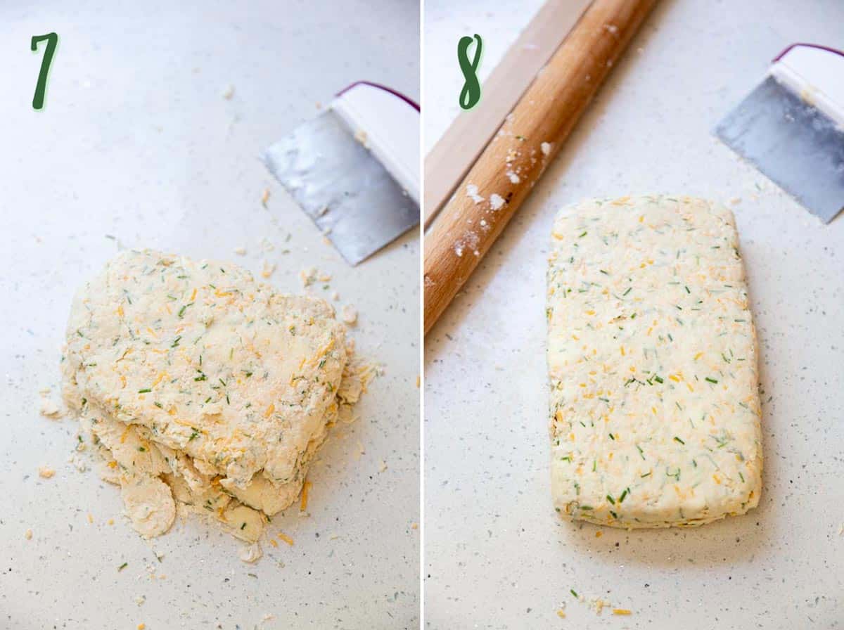 Flaky and Fluffy Cheese Biscuits with Chives Collage of 2 photos showing how to shape the biscuit dough into a rectangle.